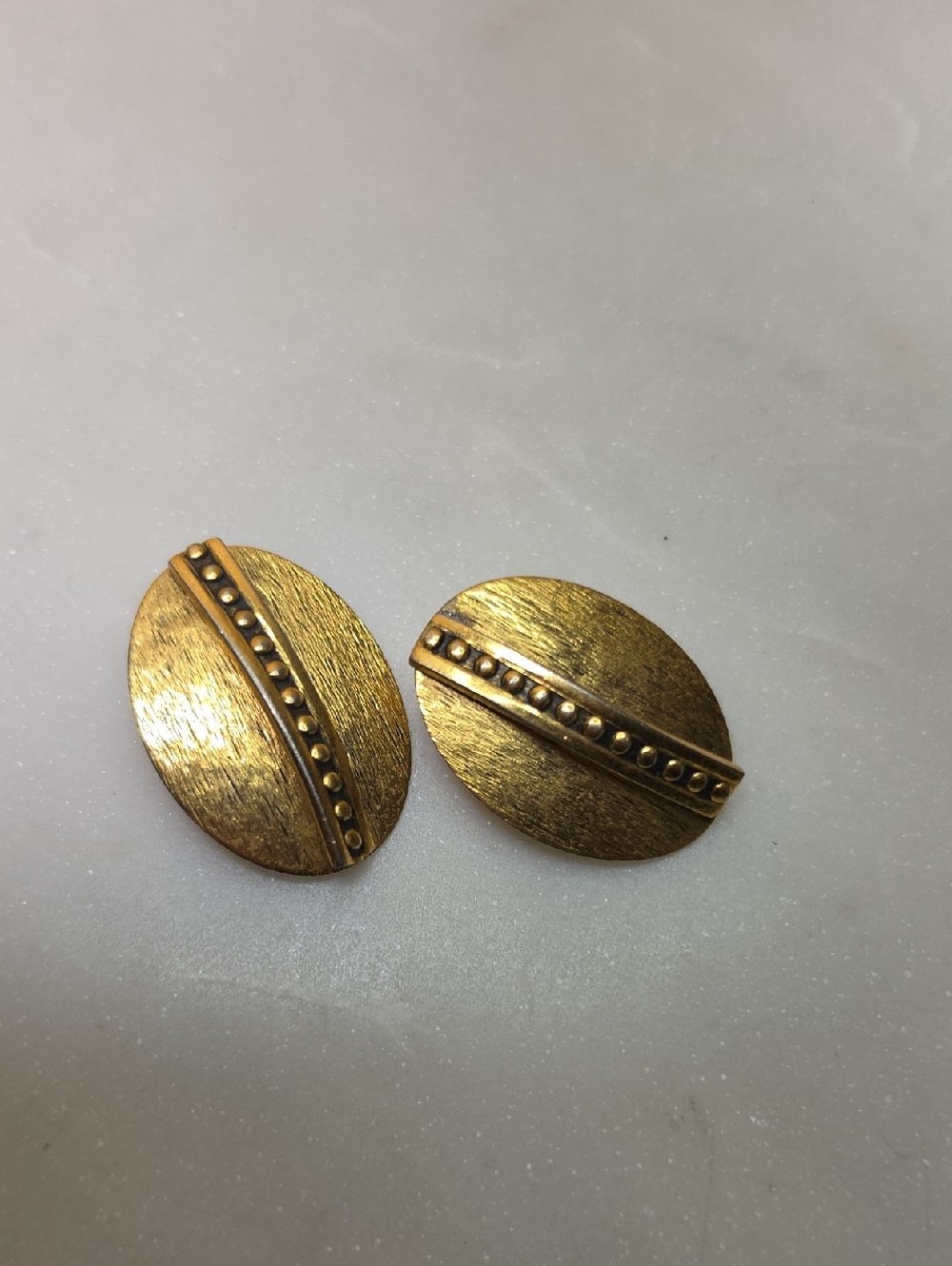 Vintage Whiting & Davis Co. Gold-Tone Oval Clip On Earrings with Beaded Stripe